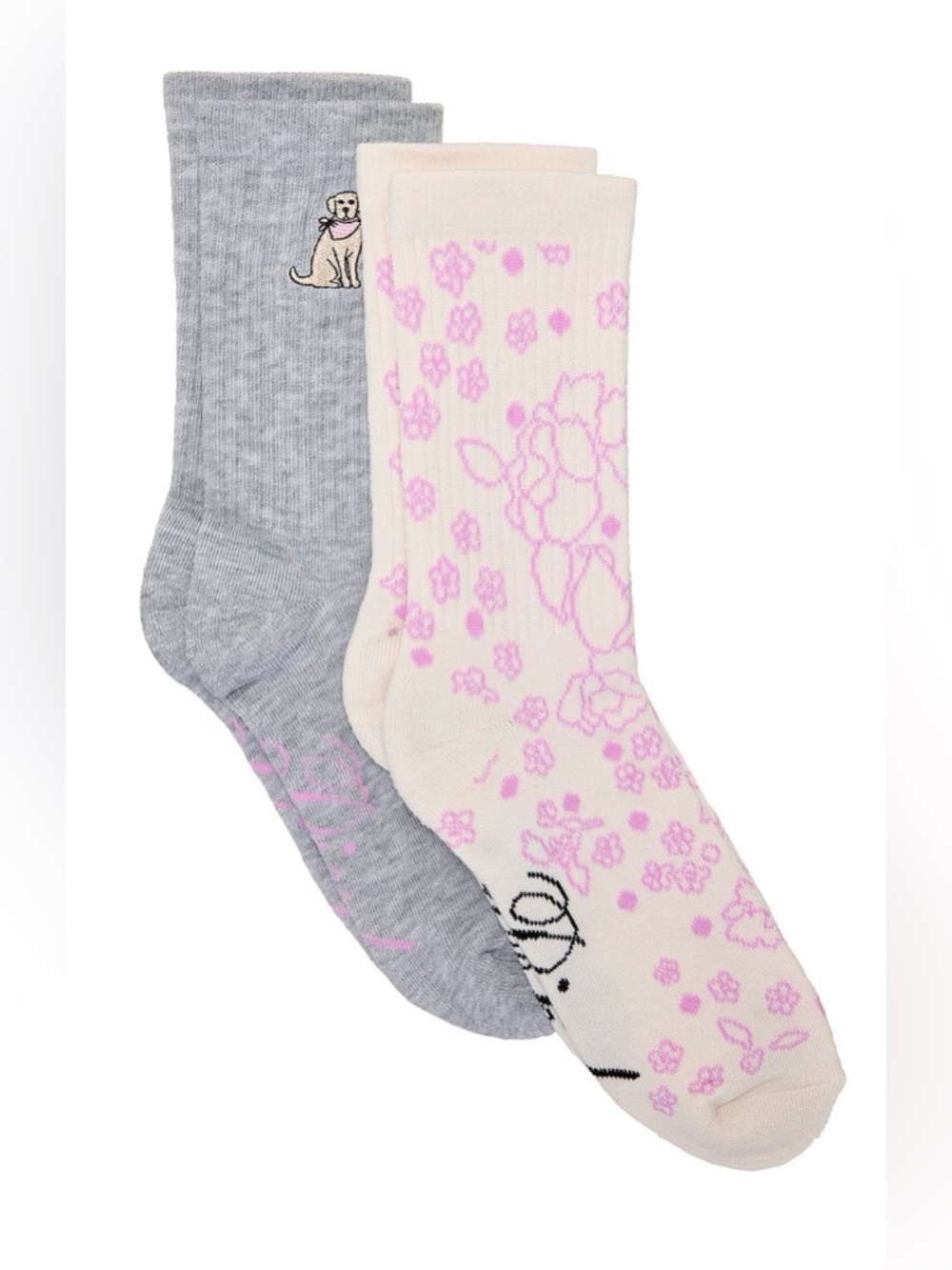PINK Victoria's Secret Gray & Cream “Floral Pup” 2-Pack Crew Socks - New